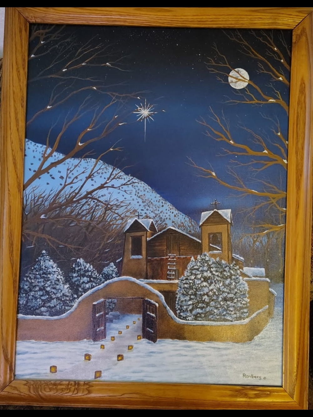 Santuario De Chimoyo NM Snowy Mission Night Landscape Painting - Starry Blue Sky